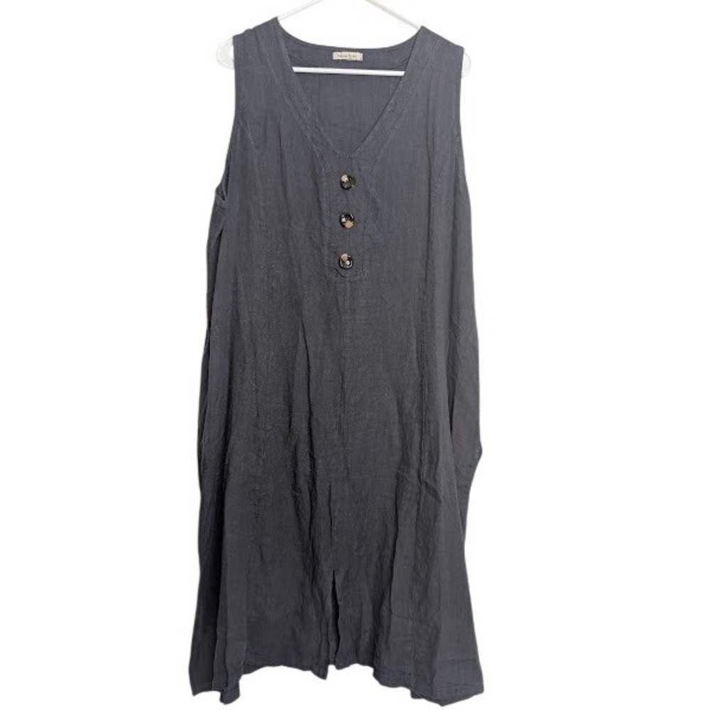 Alessia Pacini Womens 100% Linen Sleeveless Midi Dress 2X Grey Boho Pockets